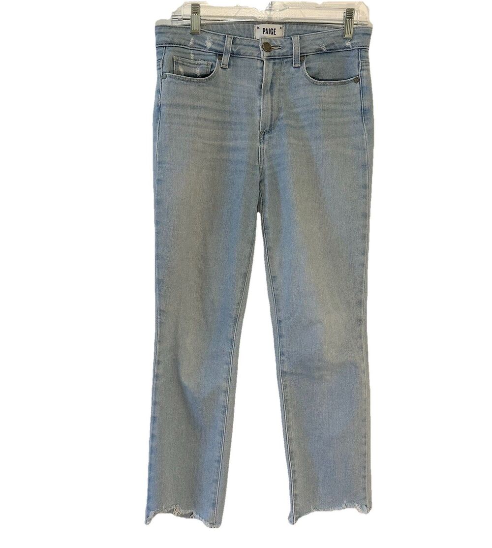 PAIGE Jacqueline Straight Jeans 28 Light Wash Raw Hem Stretch Denim Heavenly